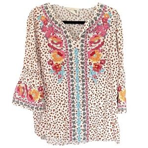 Savanna Jane Embroidered Floral Blouse Top 3/4‎ Bell Sleeve Womens Small